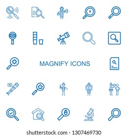 Editable 22 magnify icons for web and mobile. Set of magnify included icons line Search, Searching, Detective, Magnifying glass, Glass, Telescope, Magnifier on white background