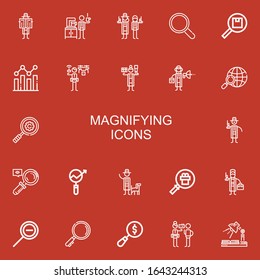 Editable 22 iconos de aumento para web y móvil. Conjunto de magnificación incluidos iconos línea Detective, Ampliador, Búsqueda, Análisis, Vidrio de aumento, Investigación sobre fondo rojo