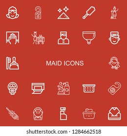 Editable 22 maid icons for web and mobile. Set of maid included icons line Maid, Door hanger, Dust, Duster, Cleaning, Housekeeping, Bellboy, Dustpan, Parking meter on red background