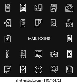 Editable 22 mail icons for web and mobile. Set of mail included icons line Smartphone, Mailbox, Email, File, Recycling box, Invitation, Interface, Message on black background