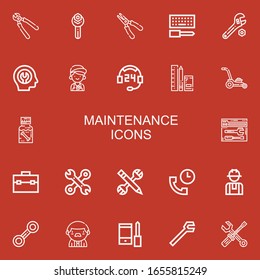 Editable 22 maintenance icons for web and mobile. Set of maintenance included icons line Pliers, Wrench, Plier, Configuration, Fixed, Mechanic, Support, Tools on red background