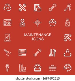 Editable 22 maintenance icons for web and mobile. Set of maintenance included icons line Support, Configuration, Maintenance, Wrench, Worker, Cross wrench, Dippel oil on red background