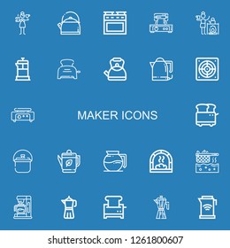 Editable 22 maker icons for web and mobile. Set of maker included icons line Barista, Kettle, Oven, Waffle iron, French press, Toaster, Extractor, Crepe maker on blue background