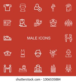 Editable 22 male icons for web and mobile. Set of male included icons line Polo shirt, Boxer, Add user, Father, Relax, Profile, Boots, Delivery man, Beard, Superhero on red background