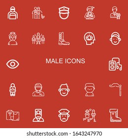 Editable 22 male icons for web and mobile. Set of male included icons line Delivery man, Couple, Policeman, Woman, Businessman, Sumo, Superhero, Boot, Head, Girl on red background