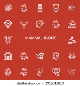 Editable 22 mammal icons for web and mobile. Set of mammal included icons line Cryptozoology, Unicorn, Rabbit, Camel, Savannah, Hedgehog, Buffalo, Kitty, Dolphin on red background