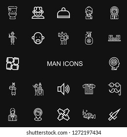 Editable 22 man icons for web and mobile. Set of man included icons line Wc, Grandfather, Gym, Call center, Eskimo, Detective, Avatar, Selfie, Throw, Speaker on black background