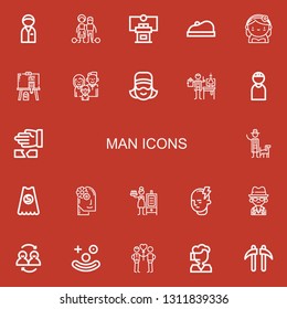 Editable 22 man icons for web and mobile. Set of man included icons line Policeman, Slavery, Conference, Beret, Bride, Painting, Family, Cashier, Scientist, Criminal on red background