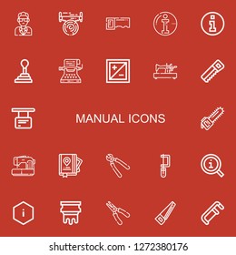 Editable 22 manual icons for web and mobile. Set of manual included icons line Guide, Saw, Info, Information, Gearshift, Typewriter, Exposure, Sewing machine on red background