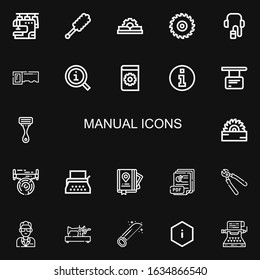 Editable 22 manual icons for web and mobile. Set of manual included icons line Sewing machine, Duster, Manual, Saw, Audio guide, Information, Razor, Typewriter on black background