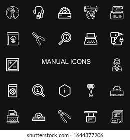 Editable 22 manual icons for web and mobile. Set of manual included icons line Info, Audio guide, Saw, Typewriter, Guide book, Plier, Information, Drill, Exposure on black background