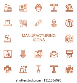 Editable 22 manufacturing icons for web and mobile. Set of manufacturing included icons line Nuclear plant, Robot arm, Engineering, Robot, Conveyor, d printing on white background