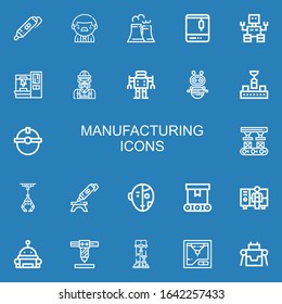 Editable 22 manufacturing icons for web and mobile. Set of manufacturing included icons line d printing pen, Worker, Nuclear plant, d printer, Robot, Robot arm on blue background