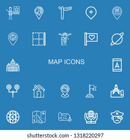 Editable 22 map icons for web and mobile. Set of map included icons line Famous, Placeholder, Straight, Gps, Location, Border, Pirates, Flag, Planet, Vaticano on blue background