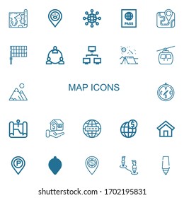 Editable 22 map icons for web and mobile. Set of map included icons line Map, Placeholder, Networking, Passport, Flag, Network, Camping, Cableway, Mountains on white background