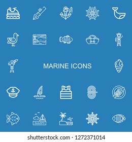 Editable 22 marine icons for web and mobile. Set of marine included icons line Jet ski, Anchor, Rudder, Whale, Seagulls, Lighthouse, Clown fish, Pirates, Pirate on blue background