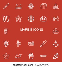 Editable 22 marine icons for web and mobile. Set of marine included icons line Rope, Sea, Helm, Cruise, Sailing boat, Fins, Kraken, Propeller, Pearl, Fish, Boat on red background