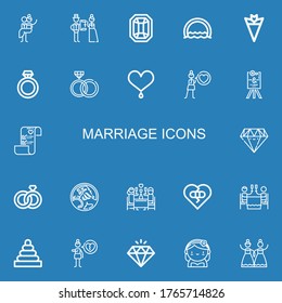 Editable 22 marriage icons for web and mobile. Set of marriage included icons line Newlyweds, Wedding, Gem, Ring, Bouquet, Rings, Heart, Love, Wedding sign on blue background