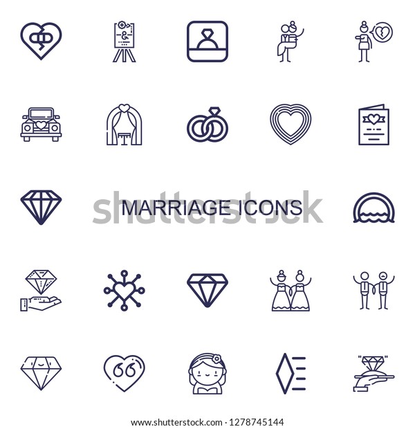 Editable 22\
marriage icons for web and mobile. Set of marriage included icons\
line Broken heart, Wedding sign, Ring, Newlyweds, Heartbreak,\
Wedding car, Wedding arch on white\
background