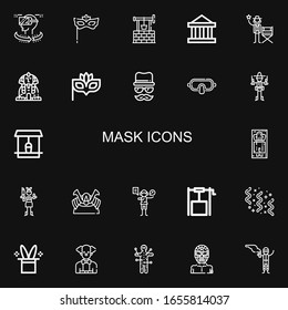 Editable 22 mask icons for web and mobile. Set of mask included icons line Vr, Eye mask, Well, Theater, Actor, Sphinx, Disguise, Bandit, Massage, Paintball on black background