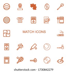Editable 22 match icons for web and mobile. Set of match included icons line Ball, Wrestler, Puzzle, Rugby ball, Match, Referee, Matches, Cigar, Cricket, Tennis on white background