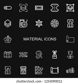 Editable 22 material icons for web and mobile. Set of material included icons line Roll, Layers, Rug, Leather, Layer, Filament, Graphene, Bobbin, Sharpener on black background