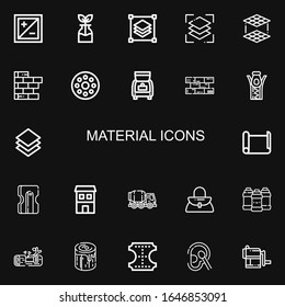 Editable 22 material icons for web and mobile. Set of material included icons line Exposure, Reuse, Layers, Brick wall, Bobbin, Trunk, Bricks, Zipper, Layer on black background