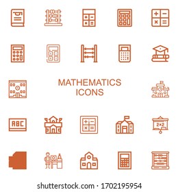 Editable 22 mathematics icons for web and mobile. Set of mathematics included icons line Thesis, Abacus, Calculator, Calculate, Education, School, Blackboard on white background