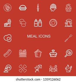 Editable 22 meal icons for web and mobile. Set of meal included icons line Chocolate bar, Pie, Knife, Stroopwafel, Cupcake, Tin, Mushroom, Sauces, Donut, Mushrooms on red background