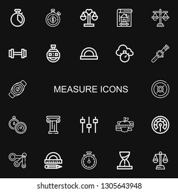 Editable 22 measure icons for web and mobile. Set of measure included icons line Chronometer, Stopwatch, Balance, Blueprint, Justice, Weight, Stopclock, Protractor on black background