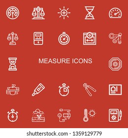 Editable 22 measure icons for web and mobile. Set of measure included icons line Thermometer, Justice, Balance, Hourglass, Speedometer, Voltmeter, Stopclock on red background