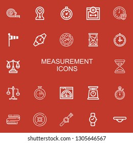 Editable 22 measurement icons for web and mobile. Set of measurement included icons line Measuring tape, Clocks, Stopclock, Web size, Time, Windsock, Watch, Dial on red background