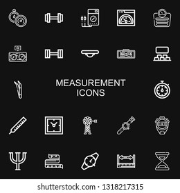 Editable 22 measurement icons for web and mobile. Set of measurement included icons line Stopwatch, Weight, Voltmeter, Speed, Scale, Pressure, Balance, Digital clock on black background