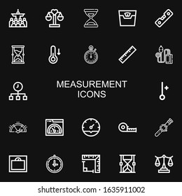 Editable 22 measurement icons for web and mobile. Set of measurement included icons line Mass, Balance, Time, Scale, Level, Hourglass, Temperature, Stopwatch on black background