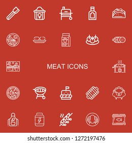 Editable 22 meat icons for web and mobile. Set of meat included icons line Tongs, Fried chicken, Grill, Food, Taco, Jiaozi, Croquette, Bitterballen, Salami, Farm on red background