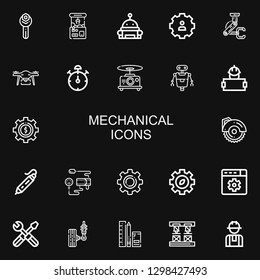Editable 22 mechanical icons for web and mobile. Set of mechanical included icons line Wrench, Claw machine, Robot, Settings, Drone, Stop watch, Worker, Cogwheel on black background