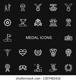 Editable 22 medal icons for web and mobile. Set of medal included icons line Fitness, Ribbon, Medals, Medal, Badge, Podium, Success, Award, Germany, Winner on black background