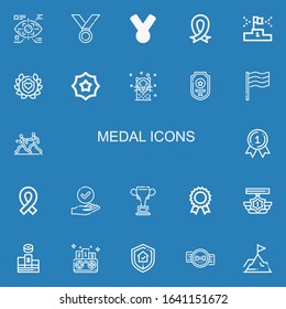 Editable 22 medal icons for web and mobile. Set of medal included icons line Eye tap, Medal, Ribbon, Podium, Laurel, Badge, Seal, Germany, Marathon, Success on blue background