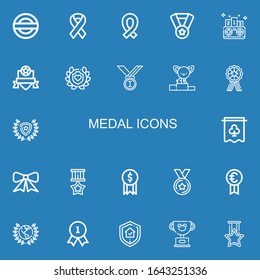 Editable 22 medal icons for web and mobile. Set of medal included icons line Guarantee, Ribbon, Medal, Competition, Badge, Laurel, Medals, Podium, Winner, Banner on blue background