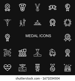 Editable 22 medal icons for web and mobile. Set of medal included icons line Ribbon, Medal, Medals, Banner, Prize, Fitness, Podium, Laurel, Badge, Eye tap on black background