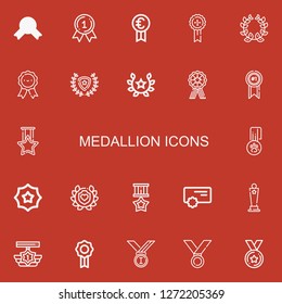 Editable 22 medallion icons for web and mobile. Set of medallion included icons line Medal, Prize, Laurel, Medals, Winner, Badge, Reward, Award on red background