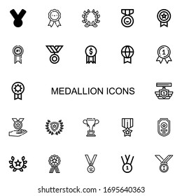 Editable 22 iconos medallones para web y móvil. El conjunto de medallones incluye íconos de la línea Medalla, Medallas, Laurel, Premio, Premio, Ganador, Campeonato, Insignia de fondo blanco