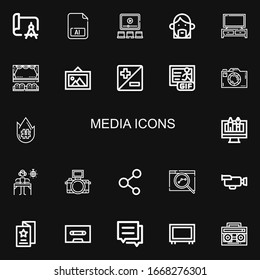 Editable 22 iconos de medios para web y móvil. Conjunto de medios incluidos iconos Dibujo de línea, Ilustrador, Video, Avatar, Televisión, Cine, Imagen, Zoom, Gif, Cámara en fondo negro