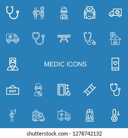 Editable 22 medic icons for web and mobile. Set of medic included icons line Stethoscope, Doctor, Nurse, Ambulance, Stretcher, Clinic, Medical app, Exit, Surgeon on blue background