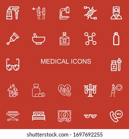 Editable 22 medical icons for web and mobile. Set of medical included icons line Tube, Distraction, Microscope, Dna, Doctor, Crutch, Mortar, Poison, Molecule on red background
