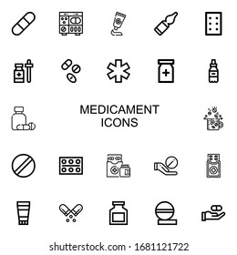 Editable 22 íconos de medicamentos para web y móvil. El conjunto de medicamentos incluye íconos de la línea Píldora, píldoras, medicamentos, viales, medicamentos, dolor en el fondo blanco