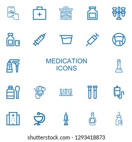 Editable 22 medication icons for web and mobile. Set of medication included icons line Pharmacy, Emergency kit, Hospital, Drug, Test tube, Syrup, Syringe, Medicine on white background