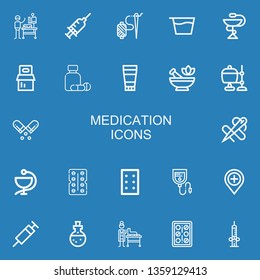 Editable 22 medication icons for web and mobile. Set of medication included icons line Veterinarian, Syringe, Needle, Syrup, Pharmacy, Pills, Medicine, Ointment on blue background