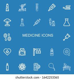 Editable 22 medicine icons for web and mobile. Set of medicine included icons line Toothpaste, Veterinarian, Lab, Thermometer, Toothbrush, Nuclear, Potion, Syringe on blue background