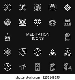 Editable 22 meditation icons for web and mobile. Set of meditation included icons line Yin yang, Taoism, Om, Spiritual, Chakra, Dharma wheel, Yoga, Lotus, Dojo on black background